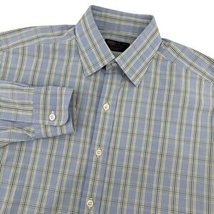 Turnbull Asser Bespoke Mens Blue Green Plaid Dress Shirt Neck 15" England